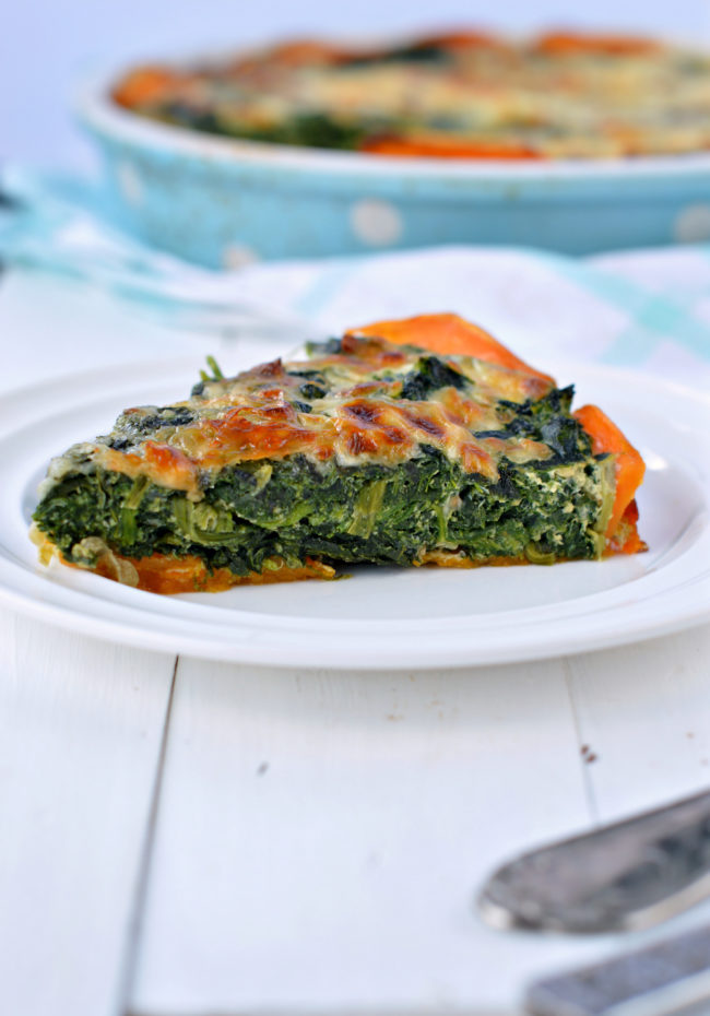 This <a href="http://www.sweetashoney.co/sweet-potatoes-crusted-spinach-quiche/" target="_blank">spinach quiche</a> bakes sweet potatoes right into the crust.