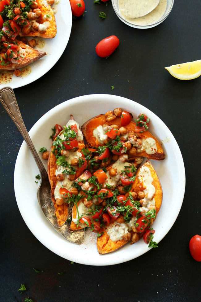 These <a href="http://minimalistbaker.com/mediterranean-baked-sweet-potatoes/?crlt.pid=camp.nVHYRwMaW0Hn" target="_blank">baked sweet potatoes</a> are whole and hearty, so while you cut into turkey, they can cut into something just as satisfying.