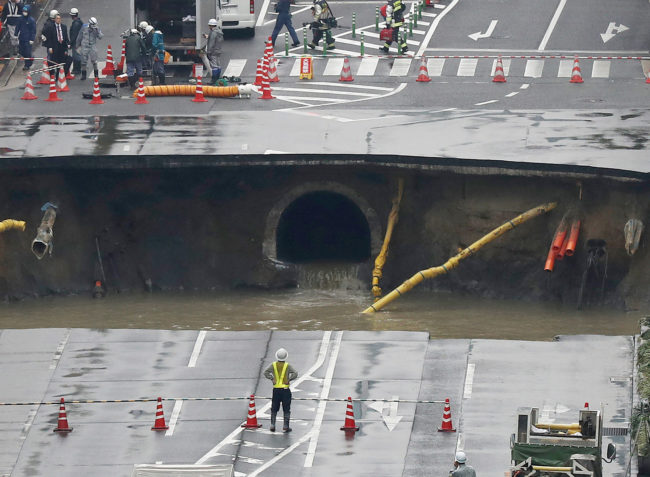 Sewage quickly began filling the gap which is almost 50 feet deep.