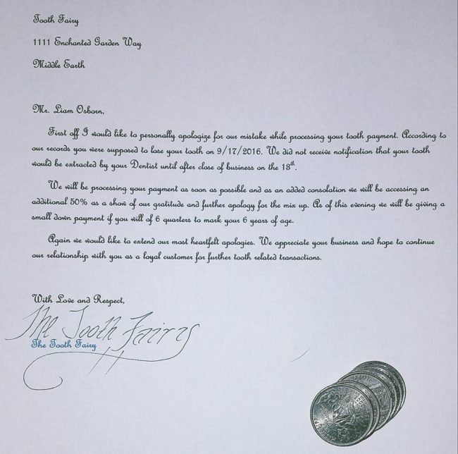 This child received a very heartfelt apology from the Tooth Fairy. Of course, her address is Middle Earth.