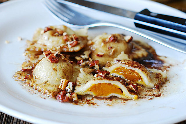 <a href="http://juliasalbum.com/2013/03/pumpkin-ravioli-with-brown-butter-sauce-and-pecans/" target="_blank">Pumpkin ravioli</a> make for a great, meat-free entree option.