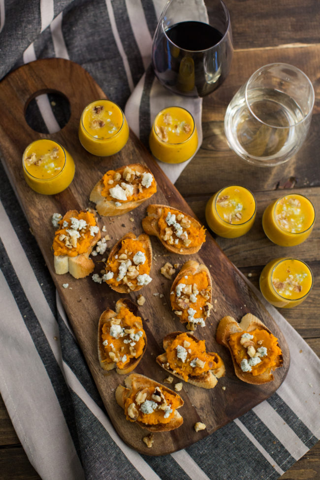 Start off the night with delicious <a href="http://naturallyella.com/sweet-potato-crostini-and-butternut-squash-soup/" target="_blank">sweet potato crostini</a>.