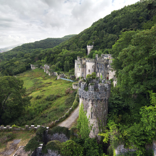This gorgeous view is of the ruined Gwrych Castle's towers and living quarters in Wales.