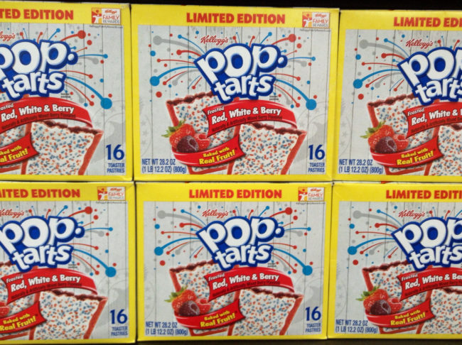 Some Pop-Tarts use Red 40 dye, and most use Synthetic B6, made up of hydrochloric acid, formaldehyde, and petroleum ester.