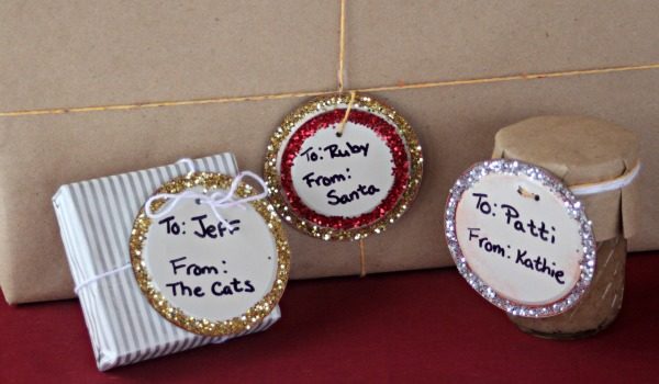 Upcycle lids from canned goods into glittery gift tags.