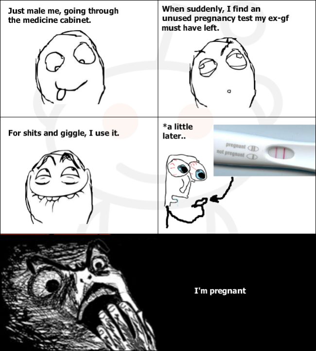 He posted this "<a href="http://knowyourmeme.com/memes/rage-comics" target="_blank">rage comic</a>" describing his friend's experience of finding the pregnancy test and getting the positive result.