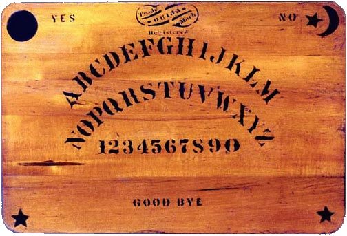 This is one of the first modern ouija boards, created in 1894. A heart-shaped piece of wood called a planchette is used for spirits to choose letters, numbers, and answers like "yes" or "no."