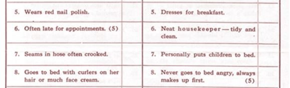I don't know which I'm offended by more, a demerit for red polish or a merit for dressing for breakfast. God forbid your wife show up for a morning meal with scandalous nails and PJ's on!