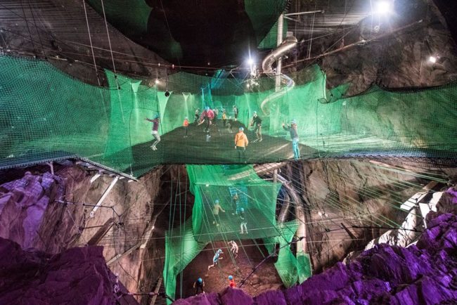 <a href="https://www.zipworld.co.uk/adventure/detail/bounce-below" target="_blank">Bounce Below</a> is an underground trampoline park situated in an abandoned mine in Llechwedd Slate Caverns.